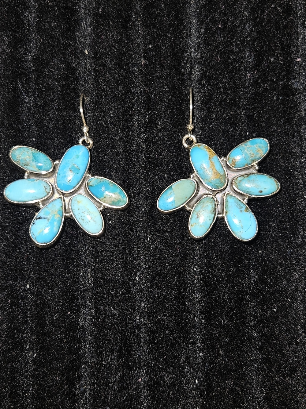 925S Kingman Turquoise Petal Drop Earrings - Blue Silver Floral Design